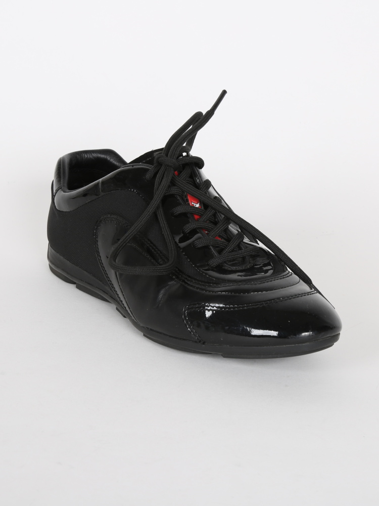 Prada Black Patent Leather Nylon Sneakers 37 5 www.luxurybags