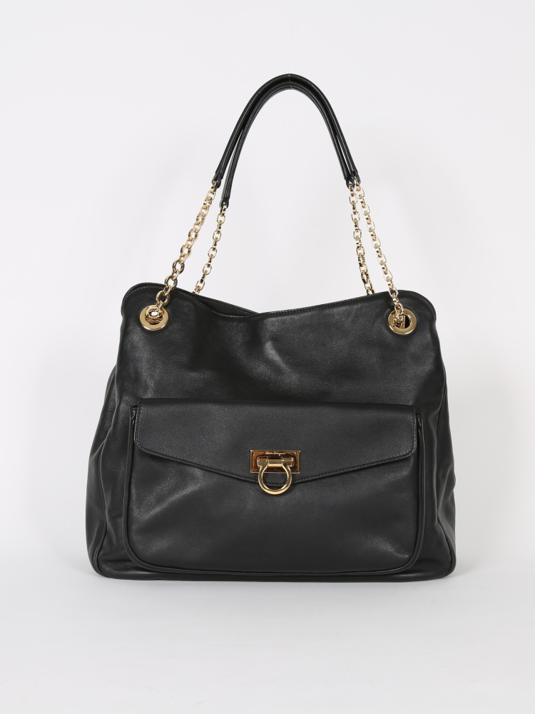 Salvatore Ferragamo Sheba Black Leather Chain Handle Bag www.luxurybags