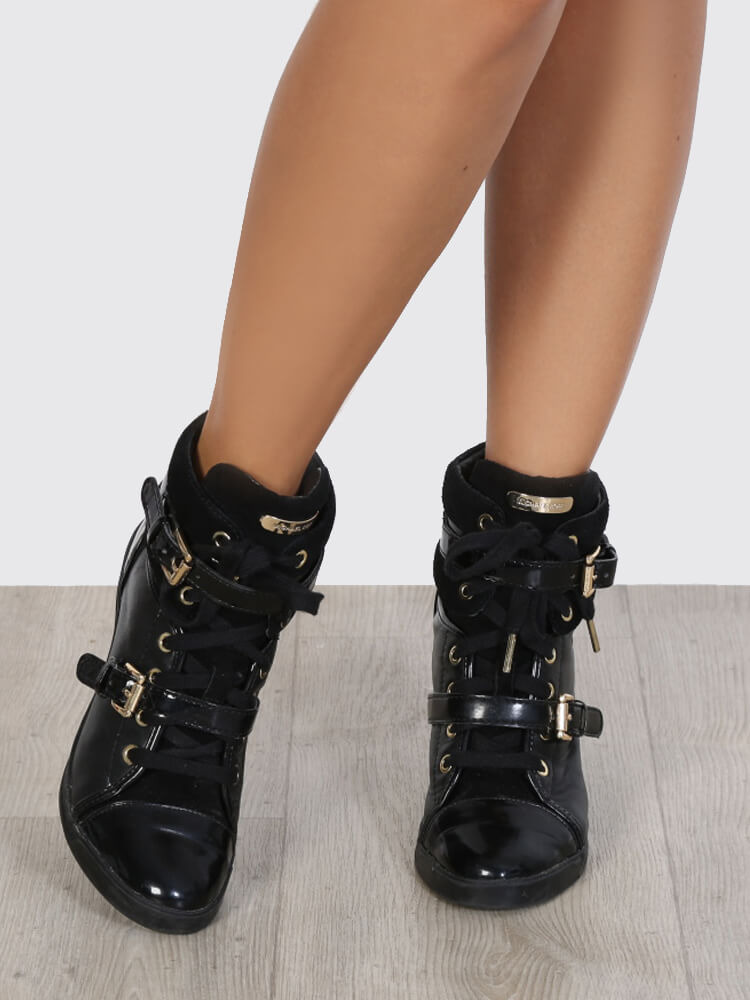 Michael Kors Skid Black Leather Wedge Sneakers 37 www.luxurybags