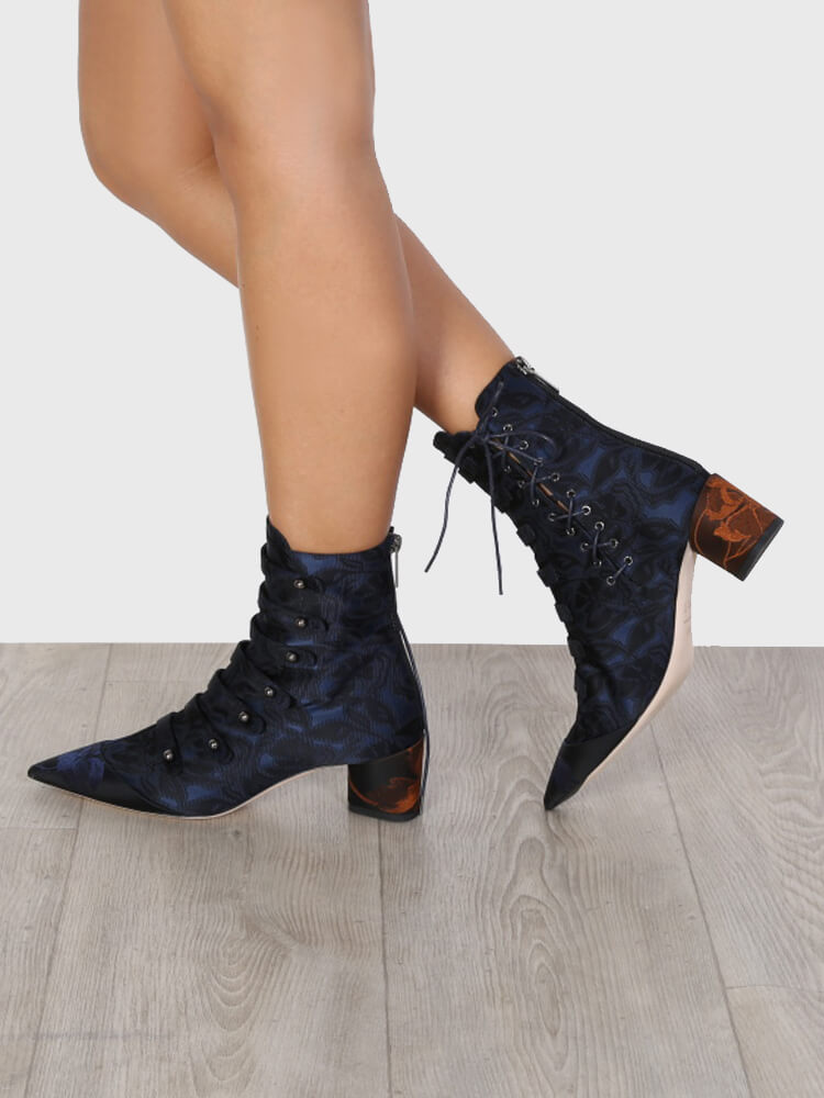 Christian Dior Blue/Black Floral Fabric Lace Up Trianon Ankle