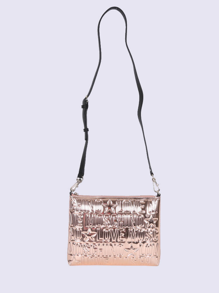 Love Moschino Signature Embossed Crossbody Clutch Rose Gold www.luxurybags