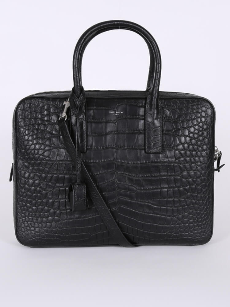 Saint Laurent Museum Crocodile Embossed Leather Briefcase Black www.luxurybags