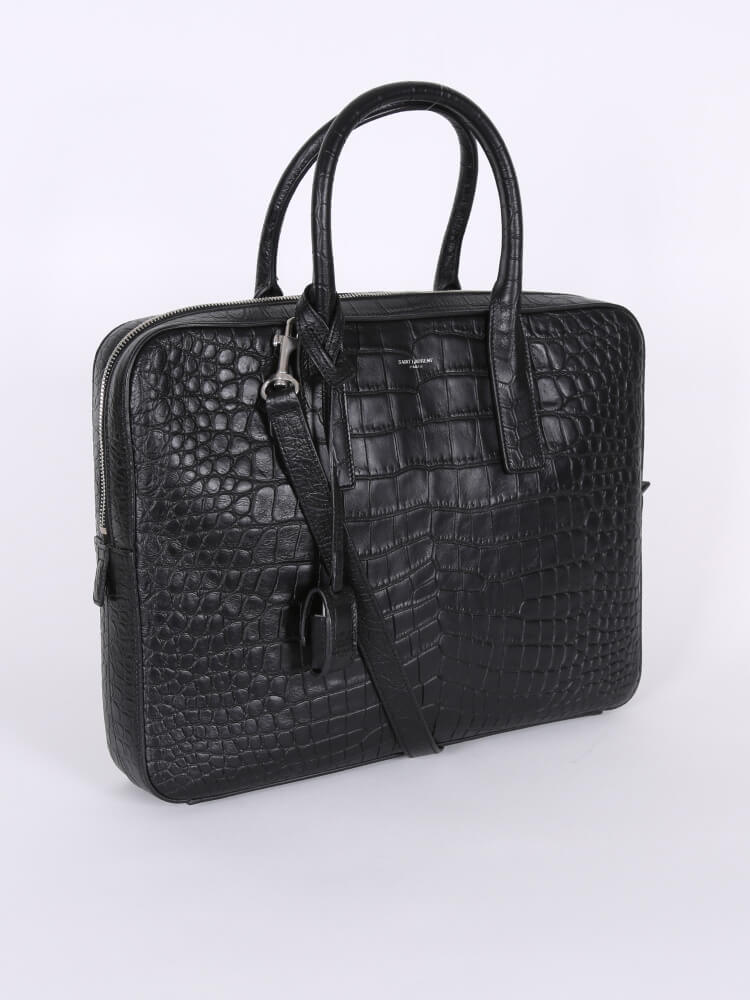 Saint Laurent Museum Crocodile Embossed Leather Briefcase Black www.luxurybags