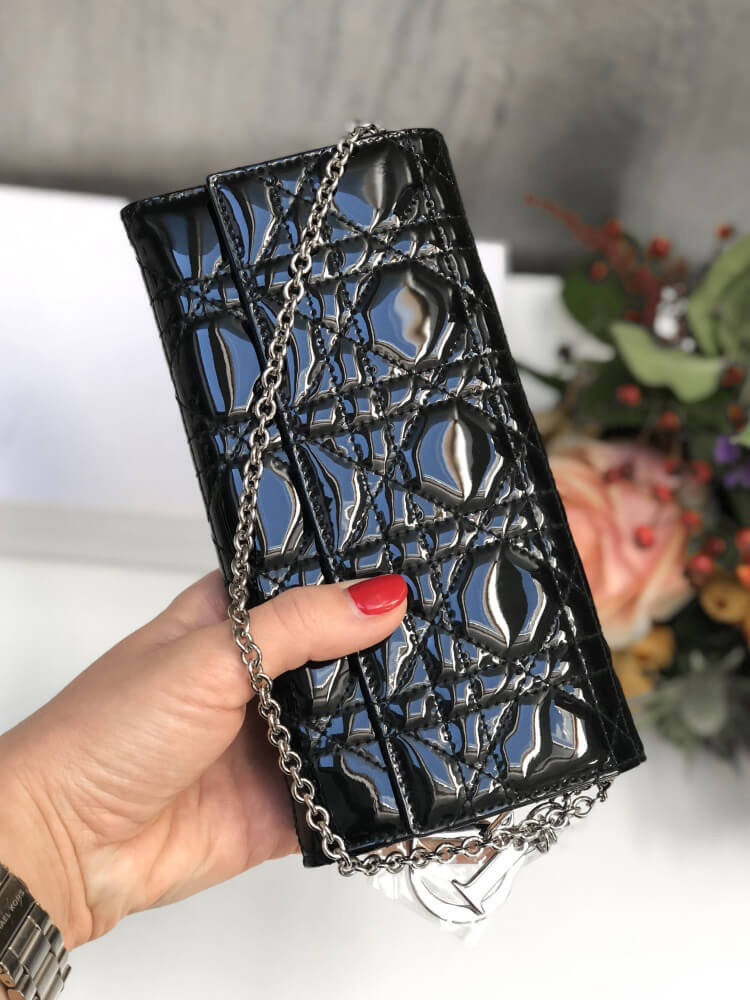 Dior Lady Dior Cannage Patent Leather Wallet On Chain Noir www.luxurybags