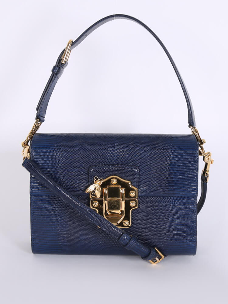 Dolce Gabbana Lucia Lizard Effect Shoulder Bag with Strap Dark Blue www.luxurybags