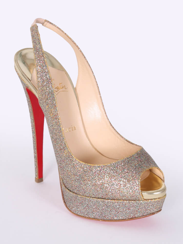 Christian Louboutin Lady Peep Glitter Open Toe Pumps Gold 38