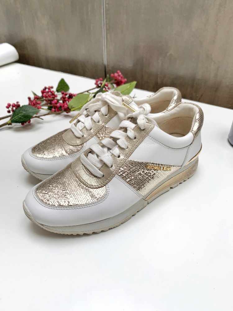 Michael Kors Allie Lizard Embossed Calfskin Sneakers White Gold 37 www.luxurybags