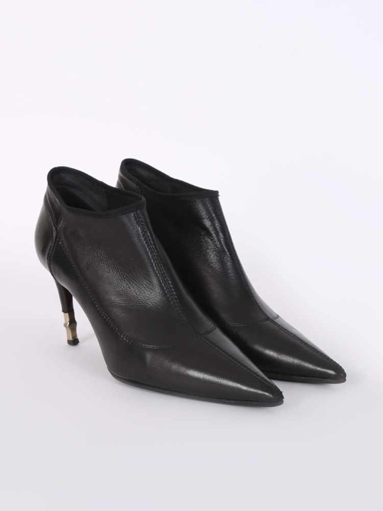 Gucci Bamboo Low Heel Leather Pointy Toe Ankle Boots Black 37 5