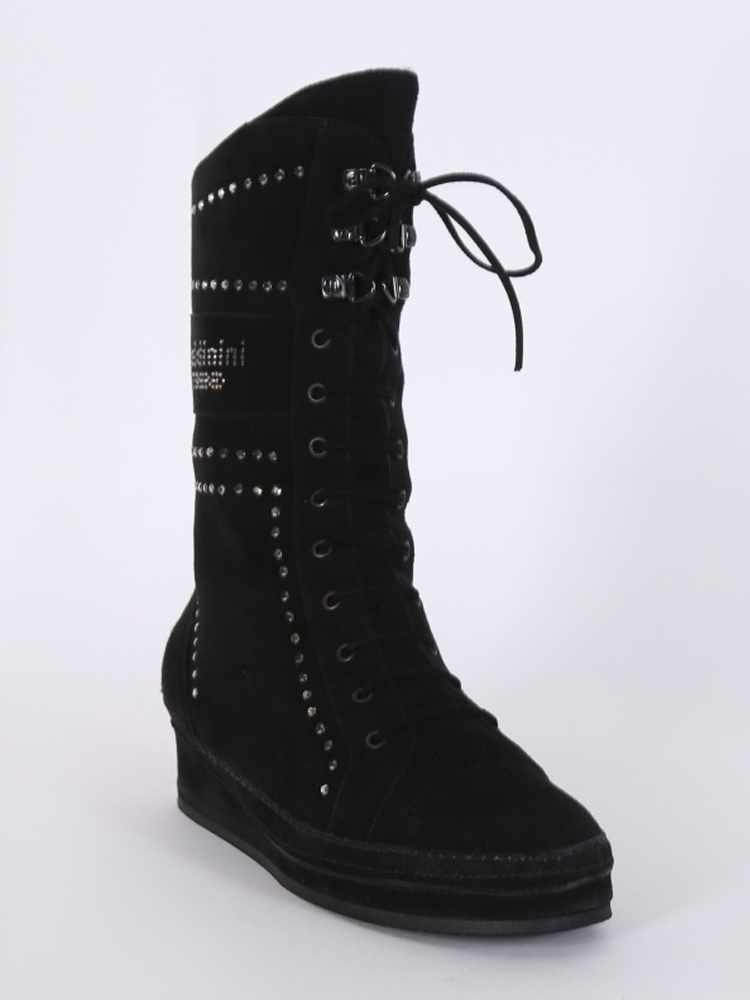 Baldinini Trend Crystal Studded Suede Mid High Lace Up Boots