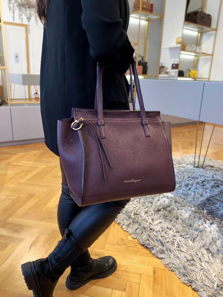 Salvatore Ferragamo Amy Medium Pebbled Calfskin Tote Purple www.luxurybags