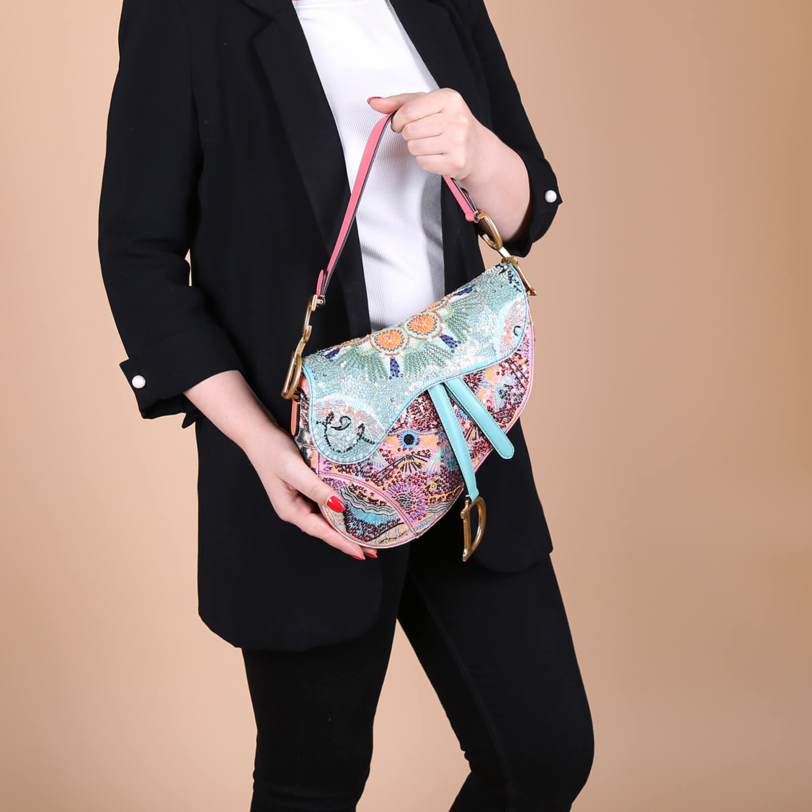 Dior Saddle Sequin Embroidery Shoulder Bag Pink Blue www.luxurybags