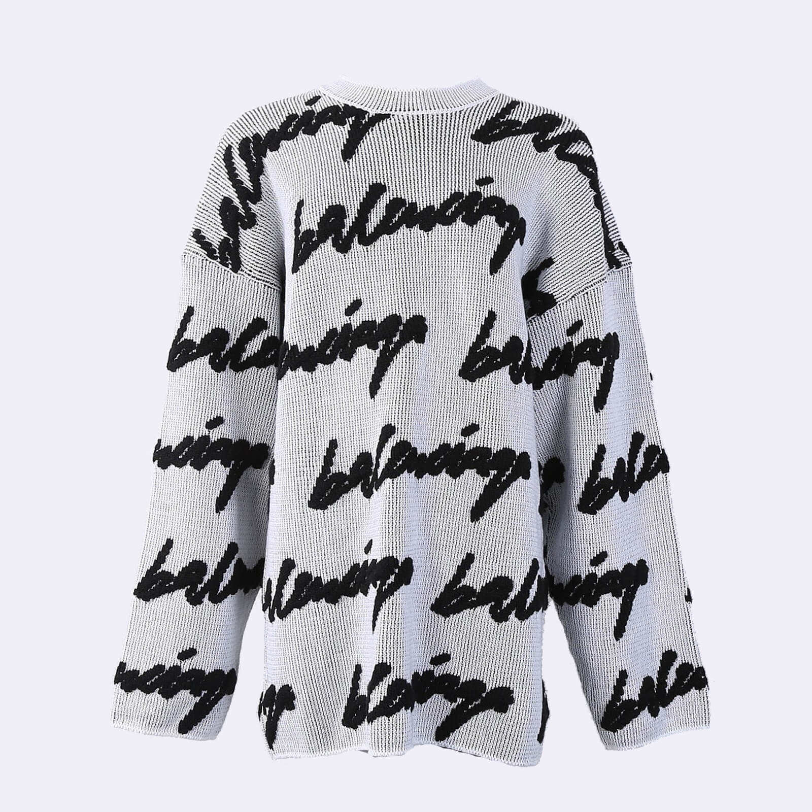 Balenciaga 3D Scribble Knit Cotton Wool Sweater White Black M www.luxurybags