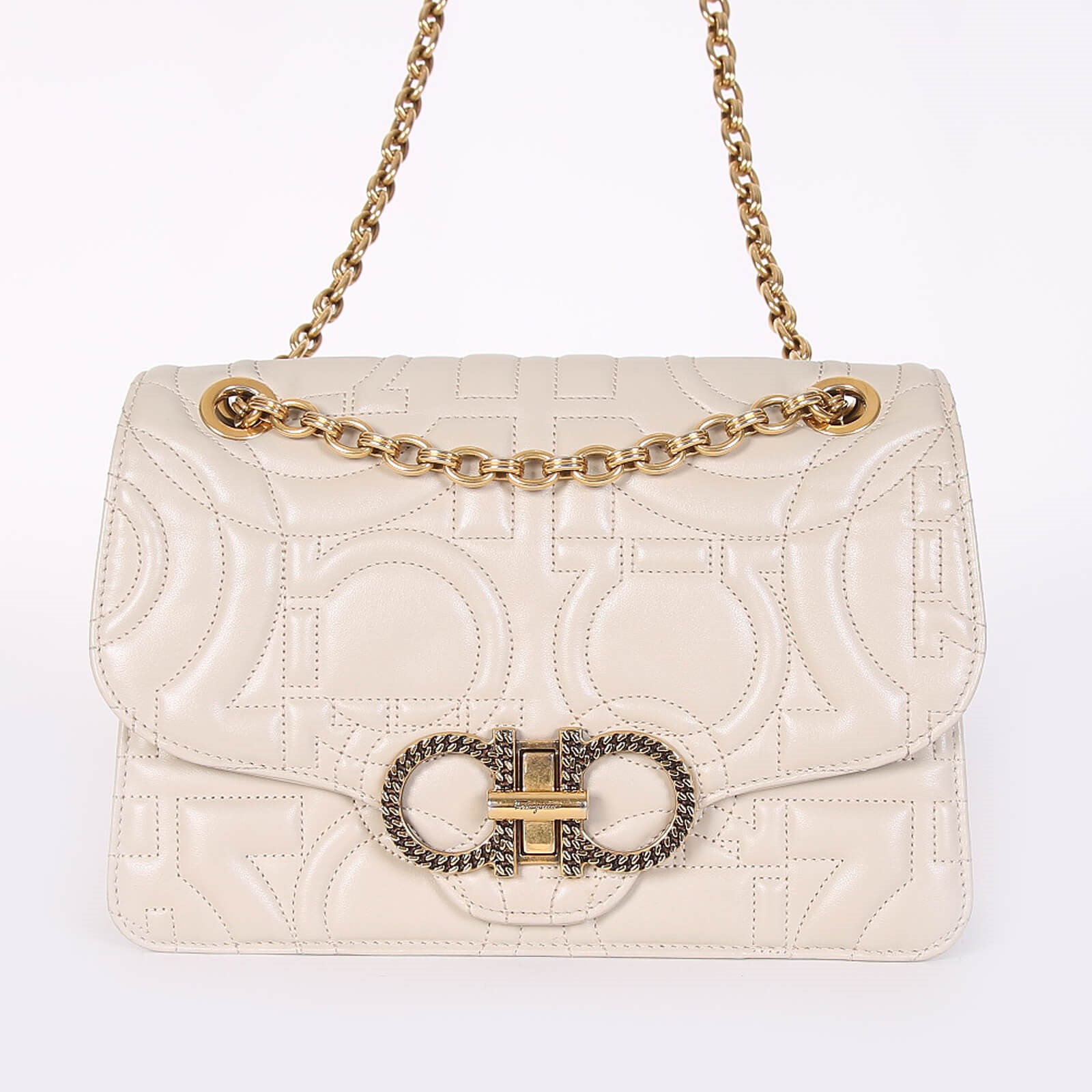 Salvatore Ferragamo Gancini Quilted Calfskin Flap Bag Cream www.luxurybags