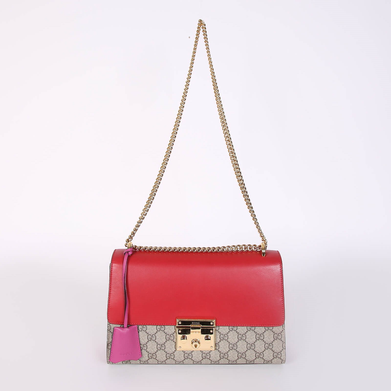 Gucci Padlock Medium GG Supreme Calfskin Shoulder Bag Red Fuchsia www.luxurybags