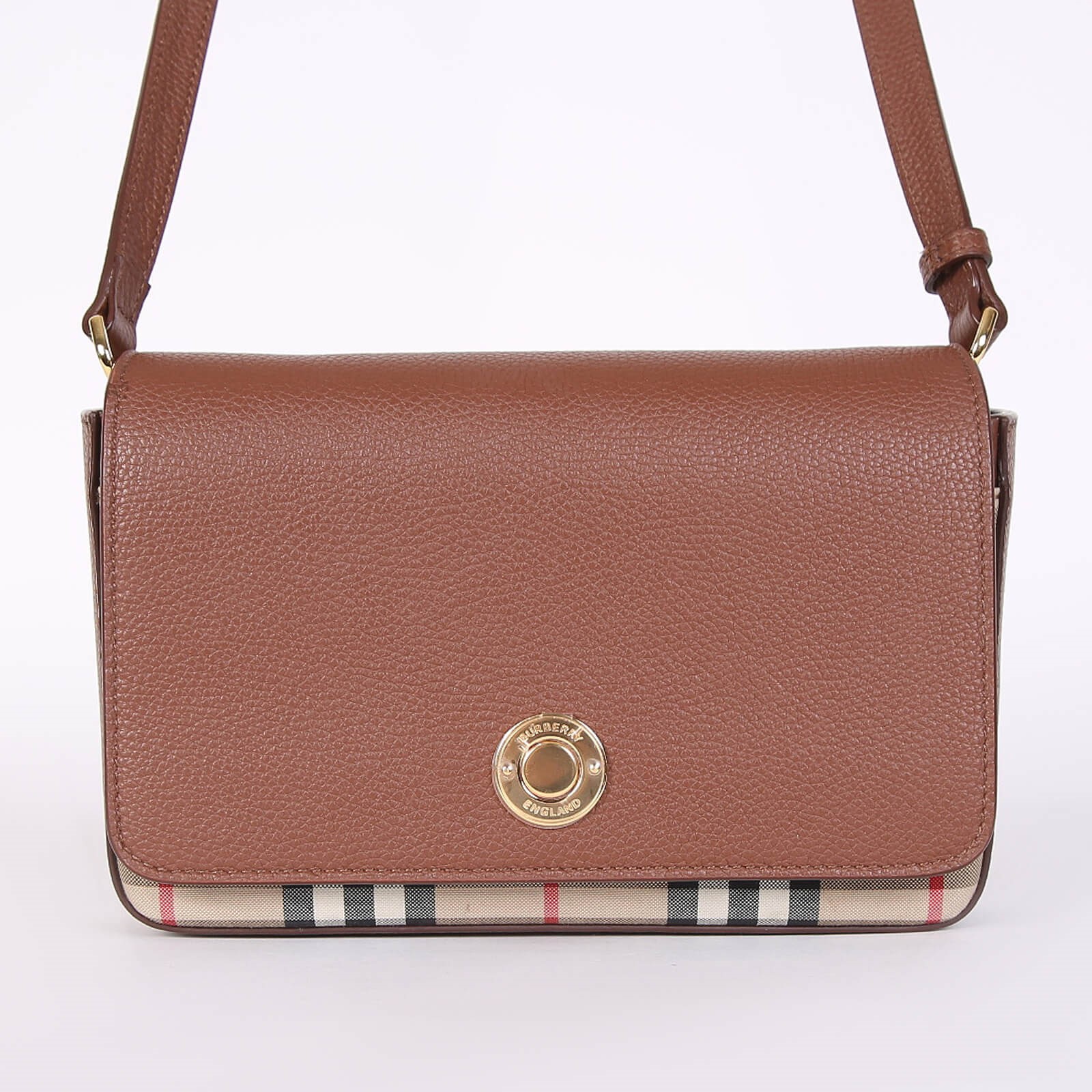 Burberry Hampshire Vintage Check Canvas Leather Crossbody Bag Brown www.luxurybags