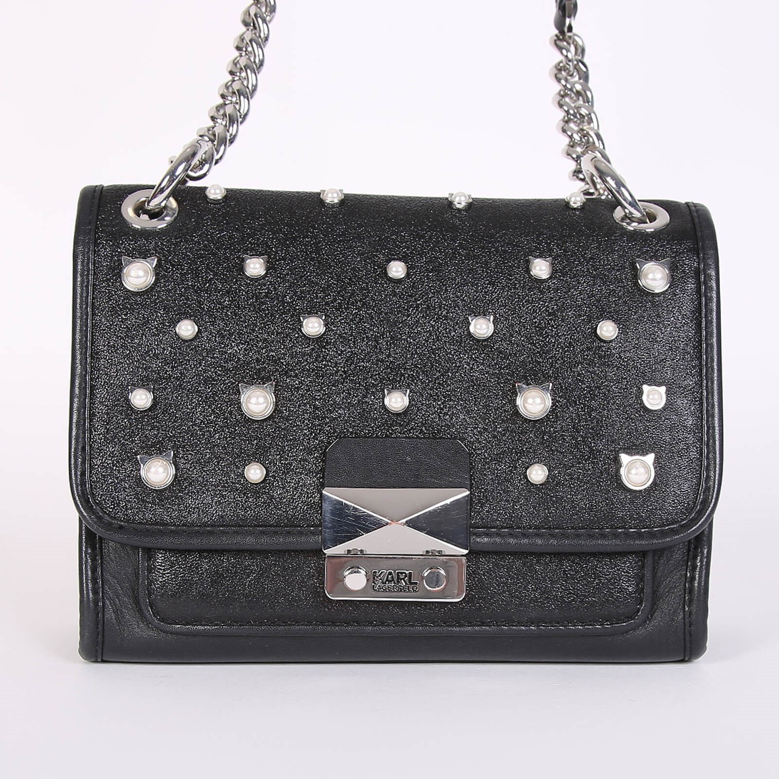 Karl Lagerfeld K Kuilted Mini Cat Pearl Leather Shoulder Bag Black www.luxurybags