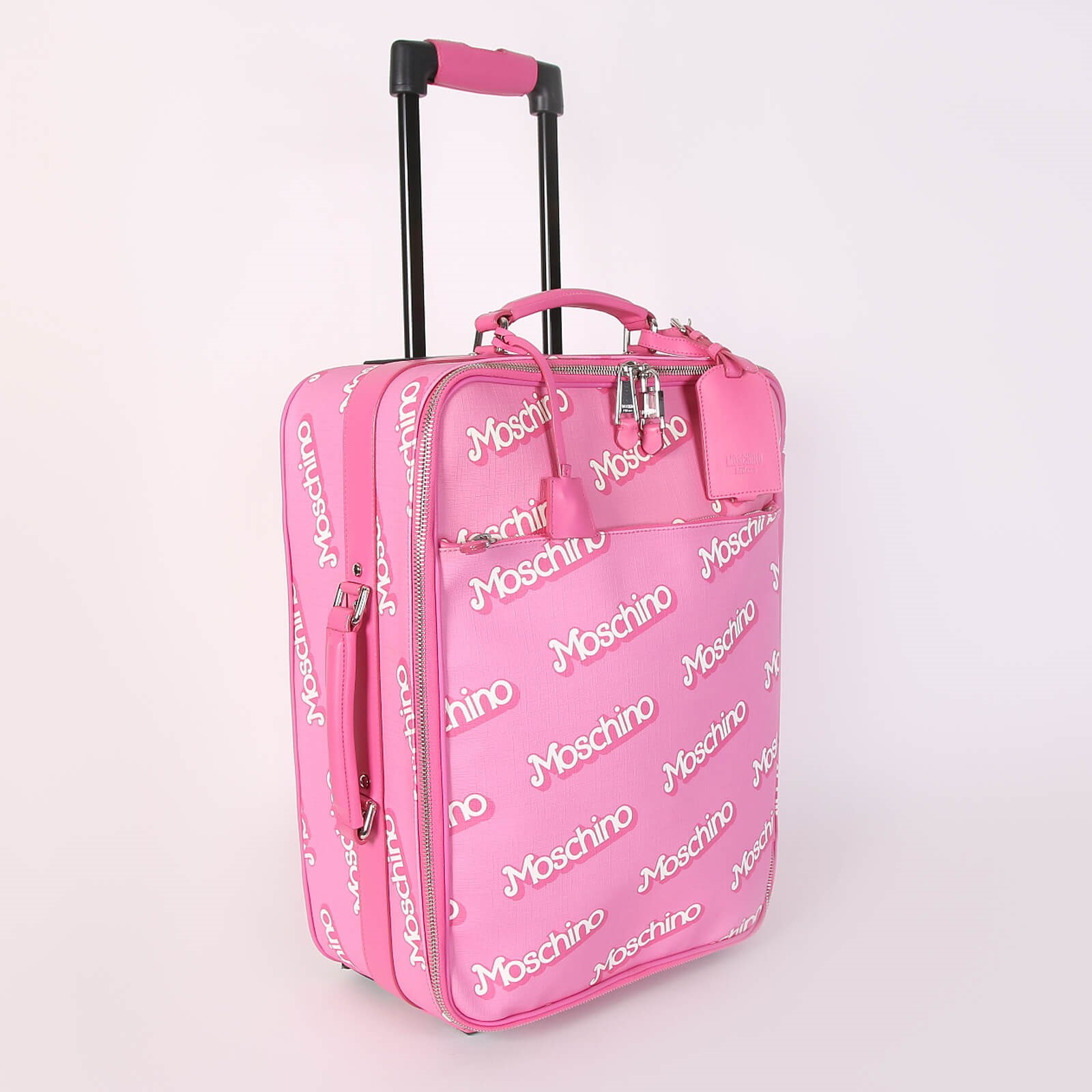 Moschino x Barbie Logo Coated Canvas Leather Cabin Suitcase Pink www.luxurybags