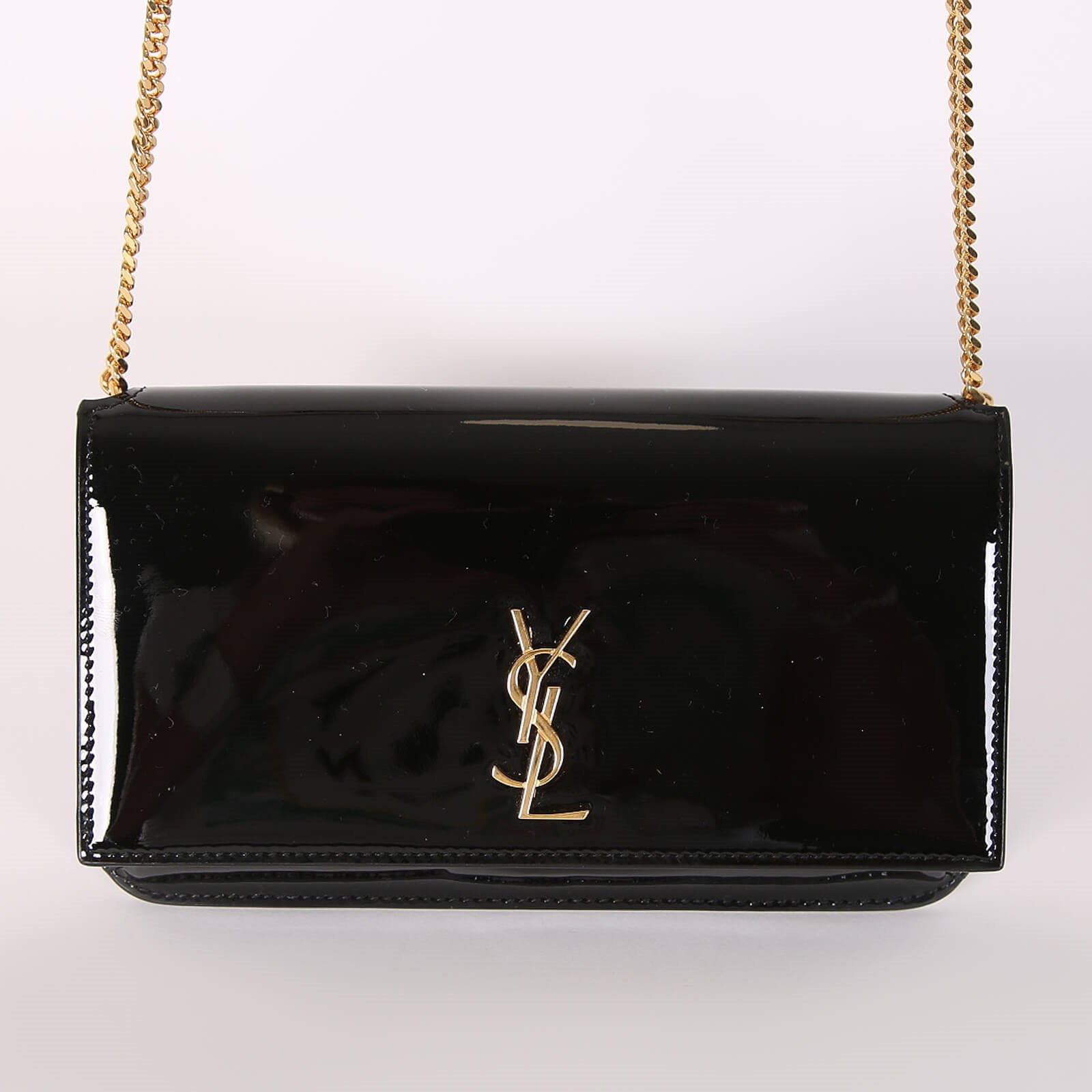 Saint Laurent Cassandre Patent Leather Chain Phone Holder Black www.luxurybags