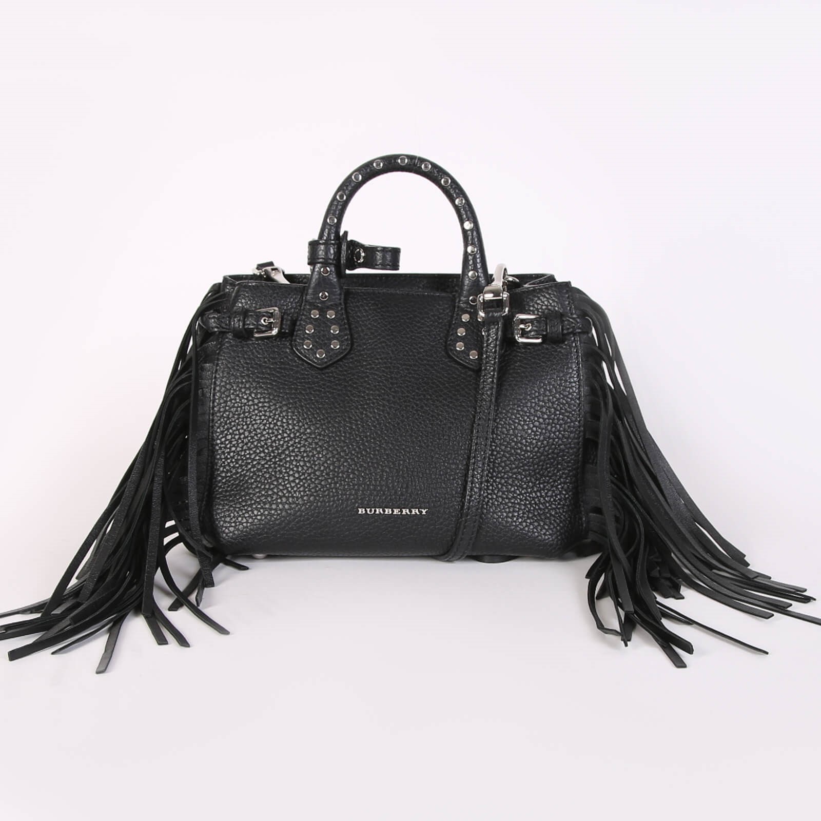 Burberry The Baby Banner Studded Fringed Grain Calfskin Tote Black www.luxurybags