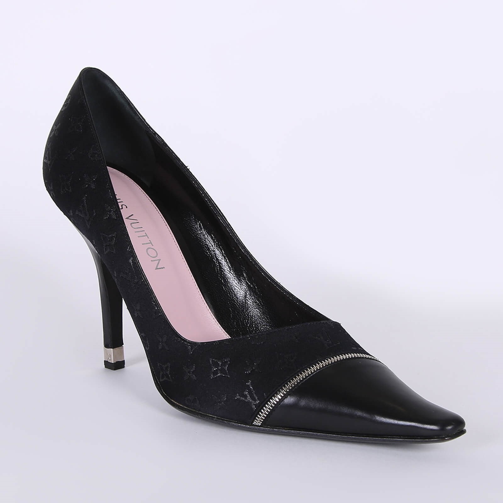 Louis Vuitton Zip Detail Monogram Satin Pointy Toe Pumps Black 40 www.luxurybags