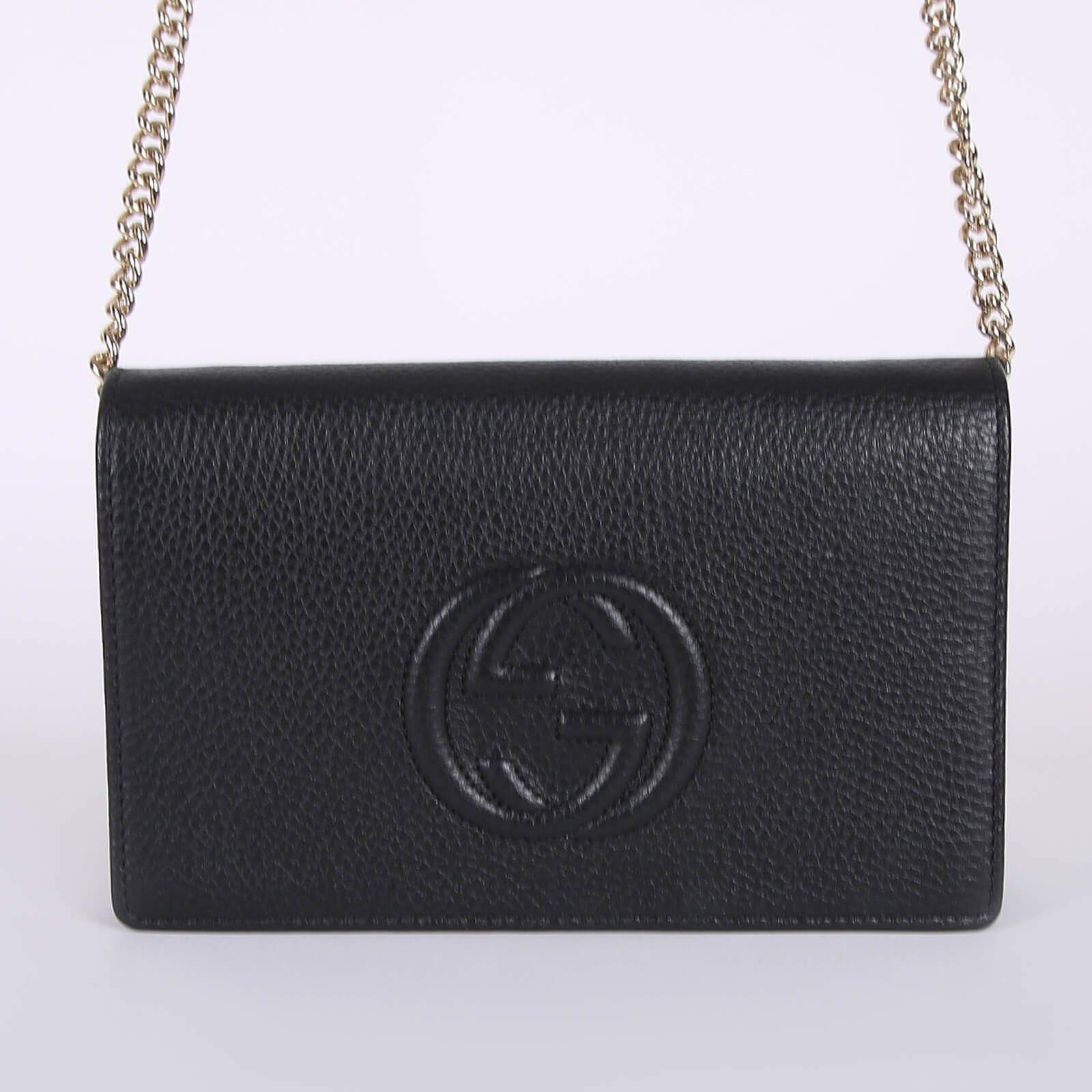 Gucci Soho Pebbled Calfskin Chain Wallet Black www.luxurybags